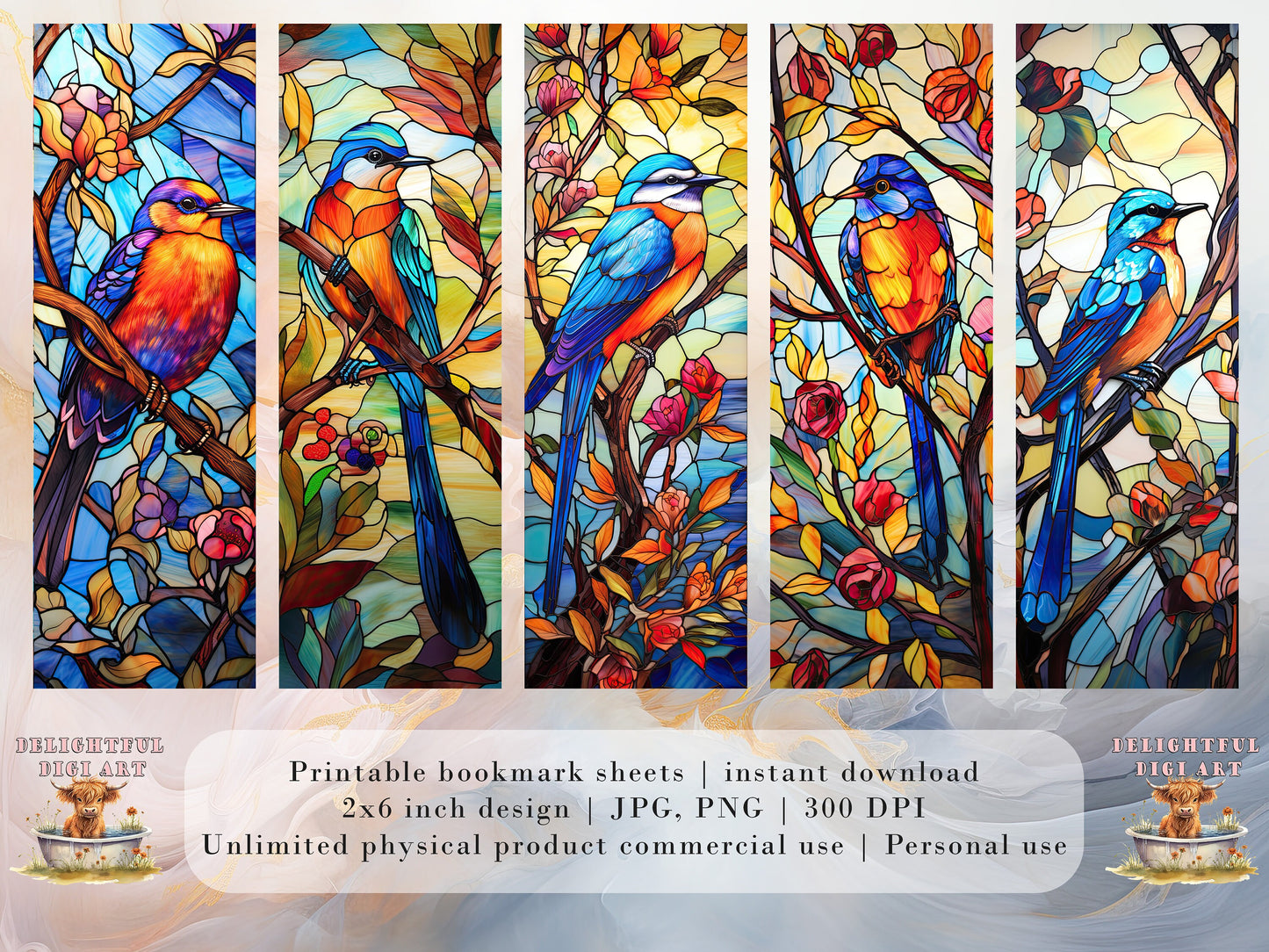10 Stained Glass Bird Printable Bookmarks | Digital Download JPG Bookmark Sheets | PNG bookmark sublimation | Bird bookmark set | Gift