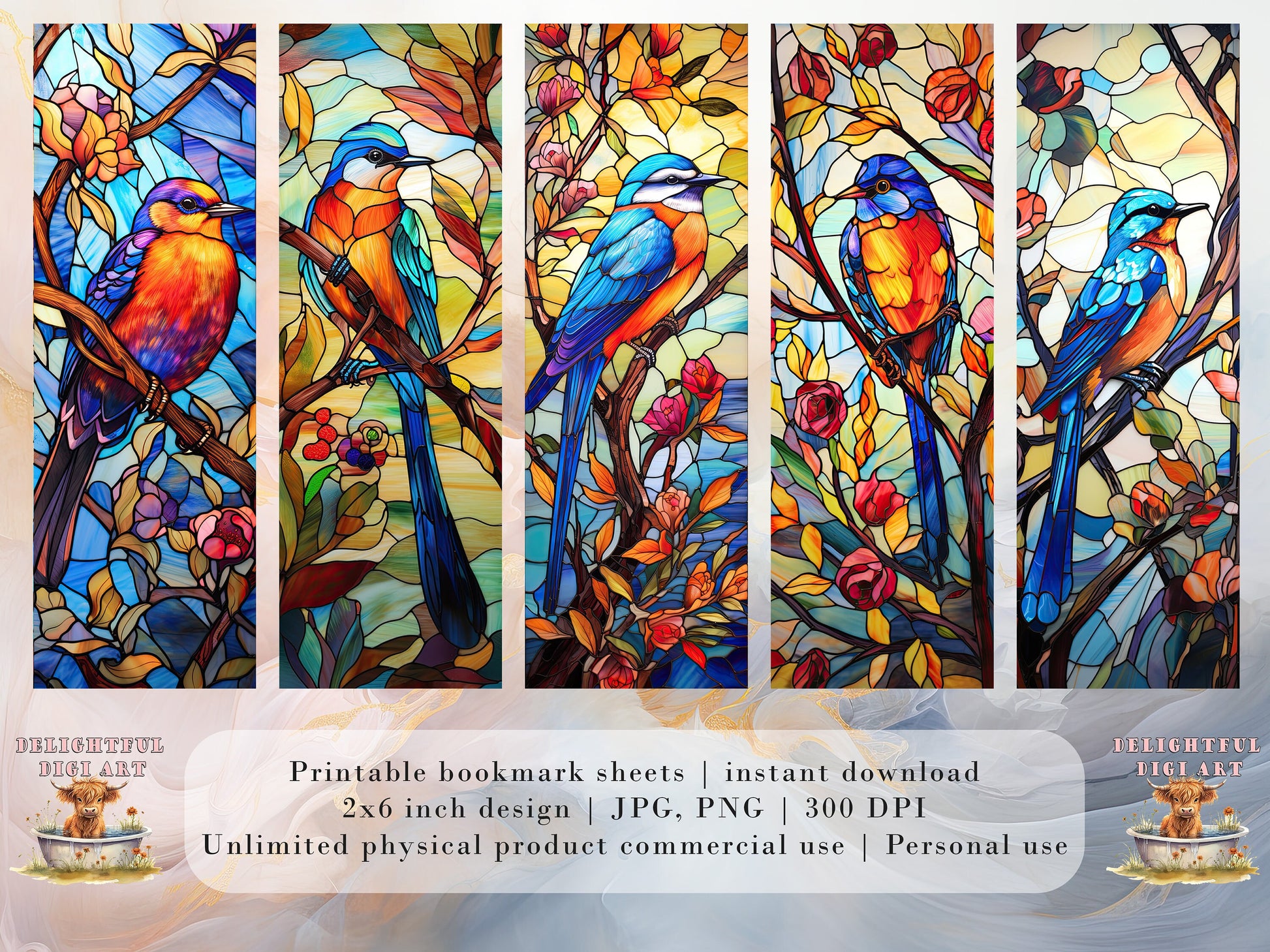 10 Stained Glass Bird Printable Bookmarks | Digital Download JPG Bookmark Sheets | PNG bookmark sublimation | Bird bookmark set | Gift
