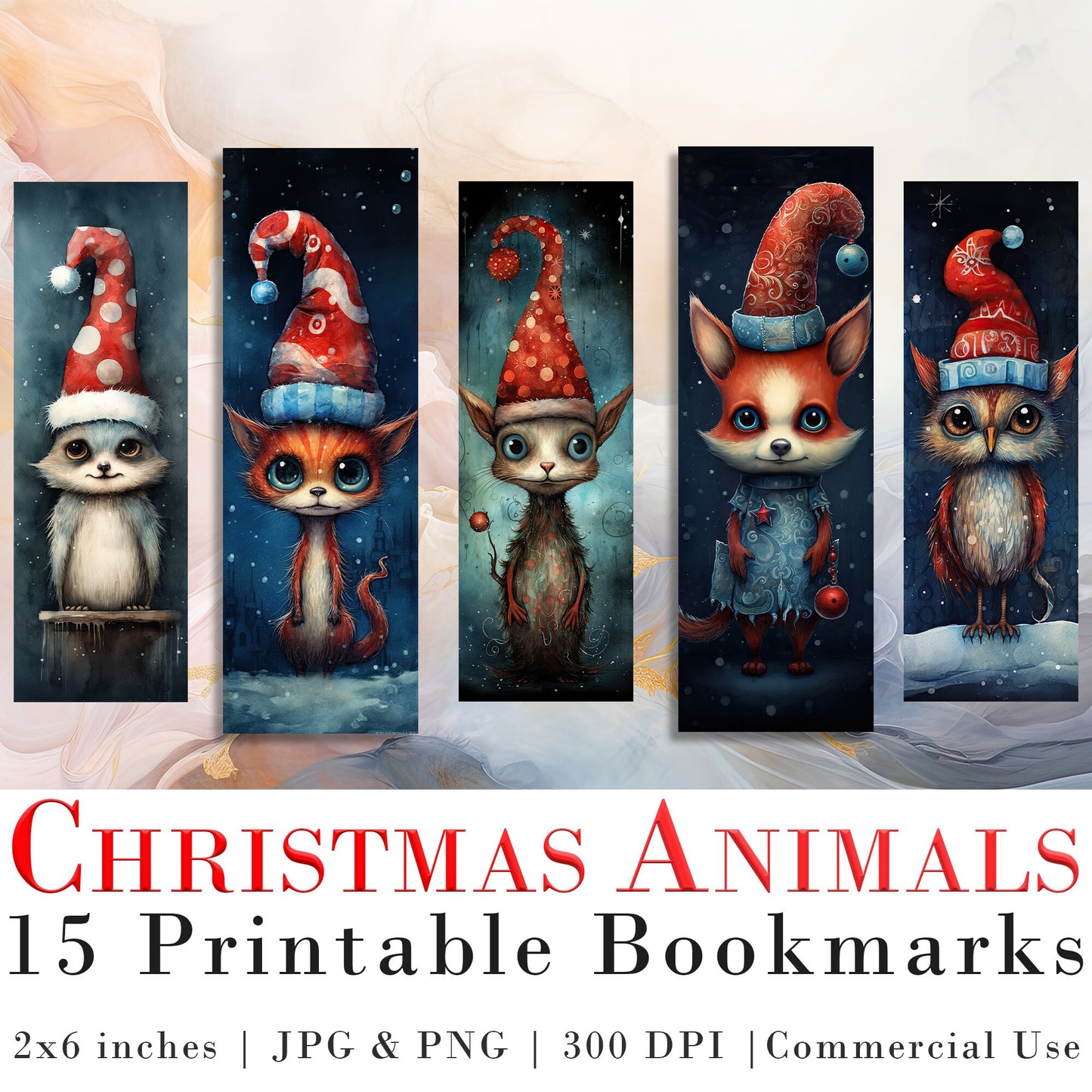 15 Cute Christmas Animal Printable Bookmarks | Digital Download JPG Bookmark Set| PNG bookmark sublimation | Whimsical bookmark set| Craft