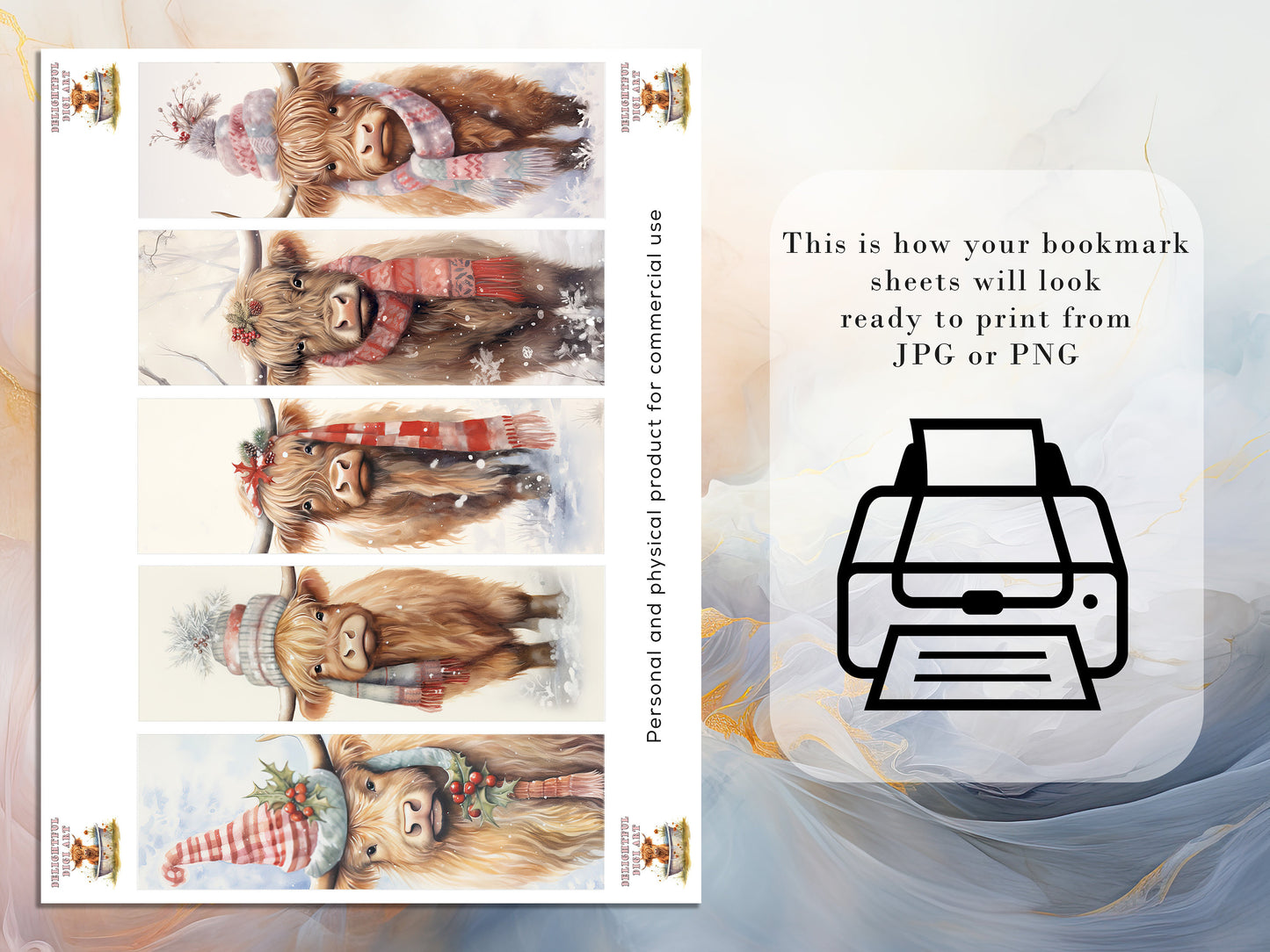 20 Christmas Highland Cow Printable Bookmarks | Digital Download JPG Bookmark Sheets | PNG bookmark sublimation | Calf bookmark set | Xmas