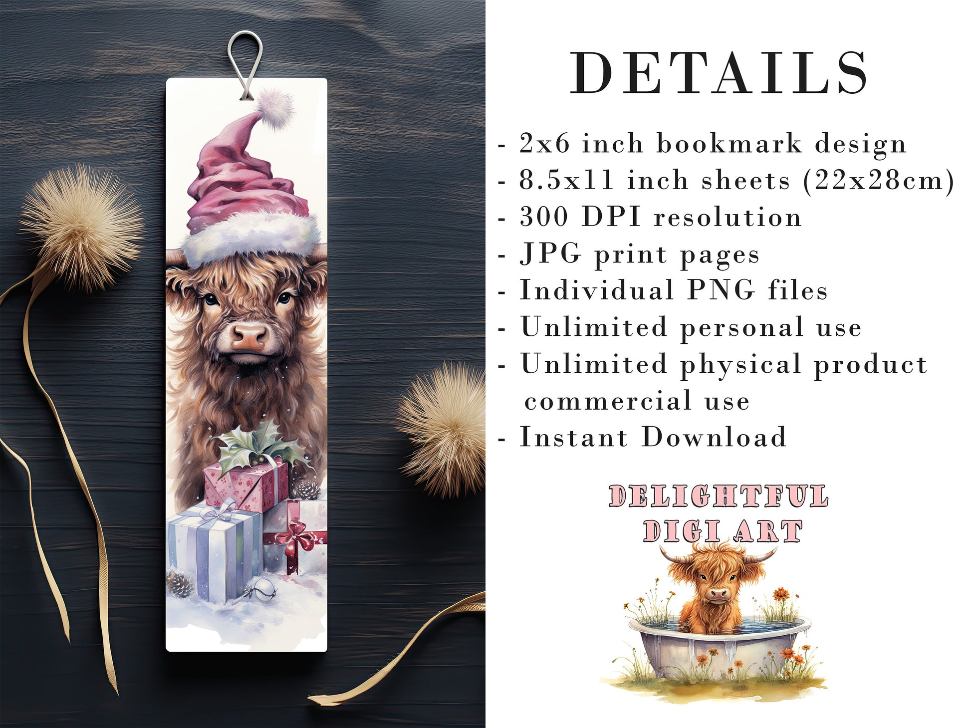 20 Christmas Highland Cow Printable Bookmarks | Digital Download JPG Bookmark Sheets | PNG bookmark sublimation | Calf bookmark set | Xmas