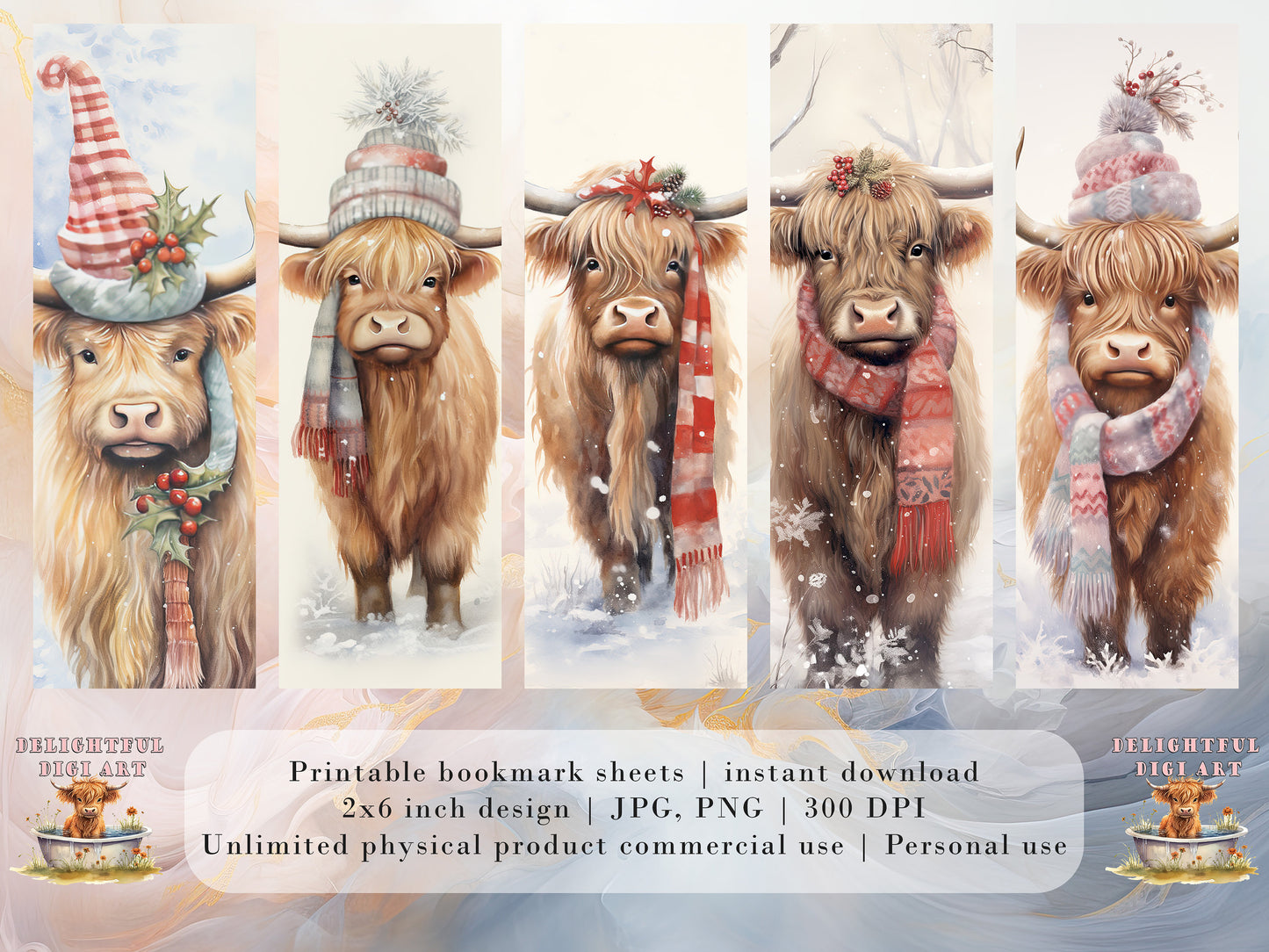 20 Christmas Highland Cow Printable Bookmarks | Digital Download JPG Bookmark Sheets | PNG bookmark sublimation | Calf bookmark set | Xmas