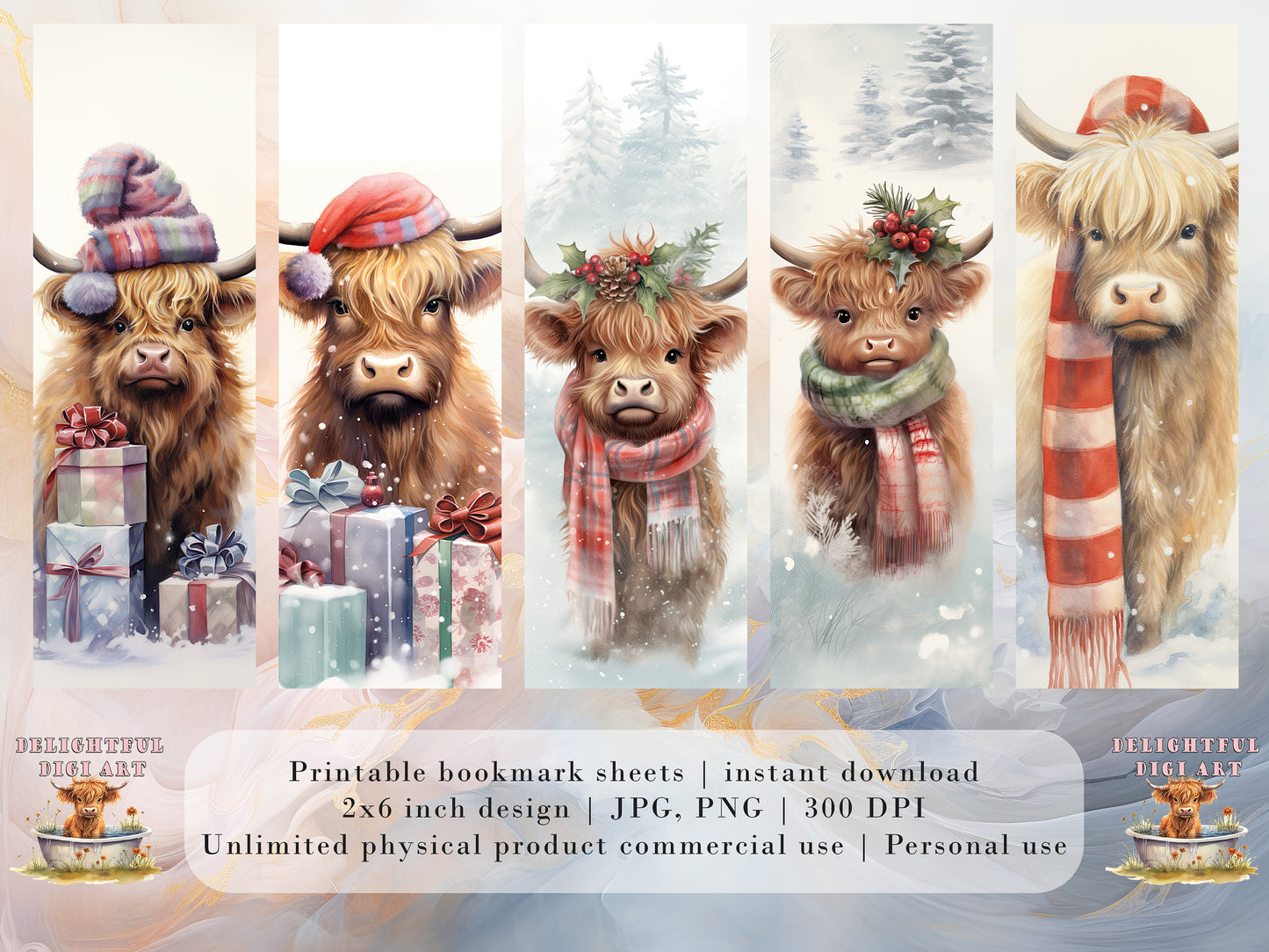 20 Christmas Highland Cow Printable Bookmarks | Digital Download JPG Bookmark Sheets | PNG bookmark sublimation | Calf bookmark set | Xmas