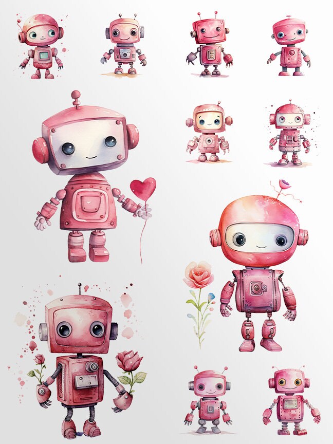 Cute Pink Robots Clipart: Watercolor Robots for Crafts and Decor | PNG Bundle | Digital Download| Sublimation files| Birthday Invitation