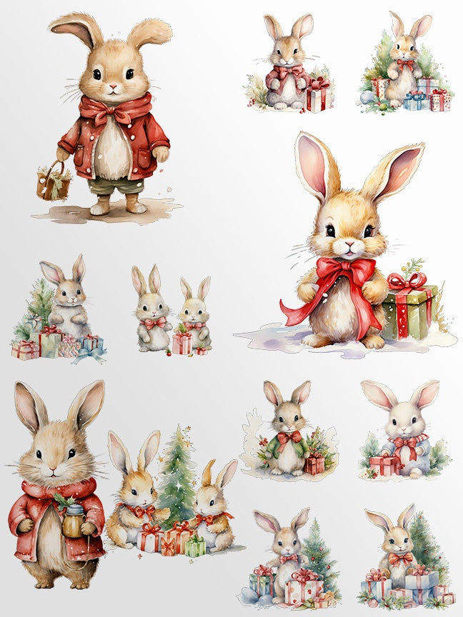 Cute Christmas Bunnies Clipart, Cute Rabbit PNG bundle, Christmas Art, Retro Animals, Christmas Card, Nursery clip Art, Watercolor drawings