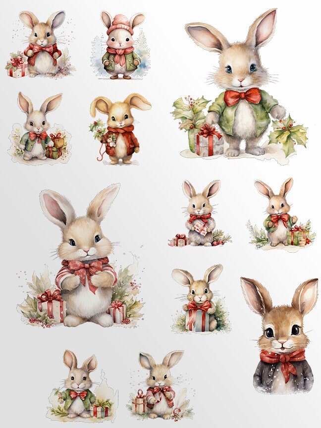 Cute Christmas Bunnies Clipart, Cute Rabbit PNG bundle, Christmas Art, Retro Animals, Christmas Card, Nursery clip Art, Watercolor drawings