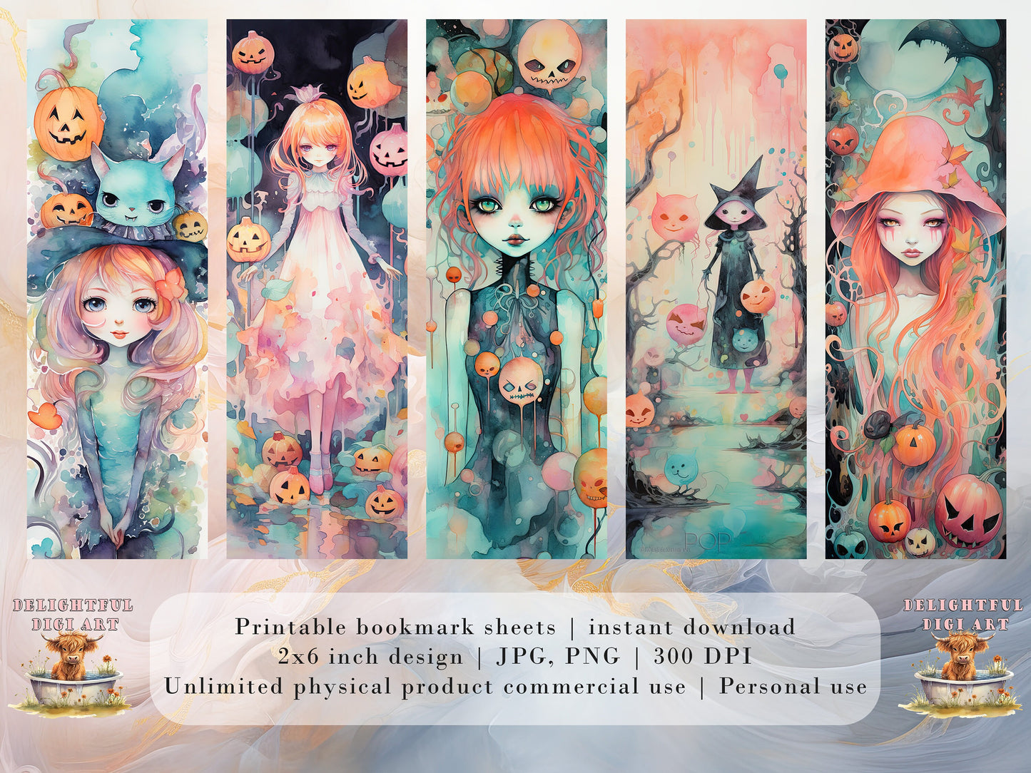 20 Cute Pastel Halloween Printable Bookmarks | Digital Download JPG Bookmark Set| PNG bookmark sublimation | Spooky bookmark set | Whimsical