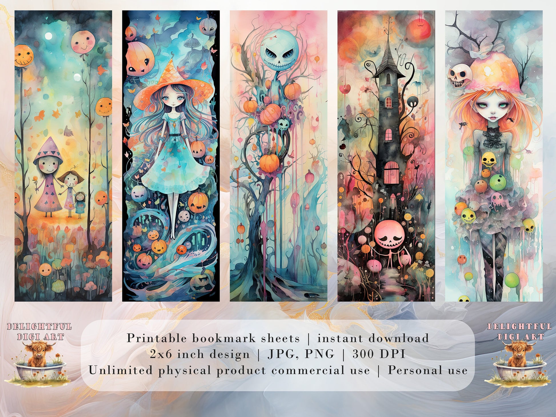 20 Cute Pastel Halloween Printable Bookmarks | Digital Download JPG Bookmark Set| PNG bookmark sublimation | Spooky bookmark set | Whimsical