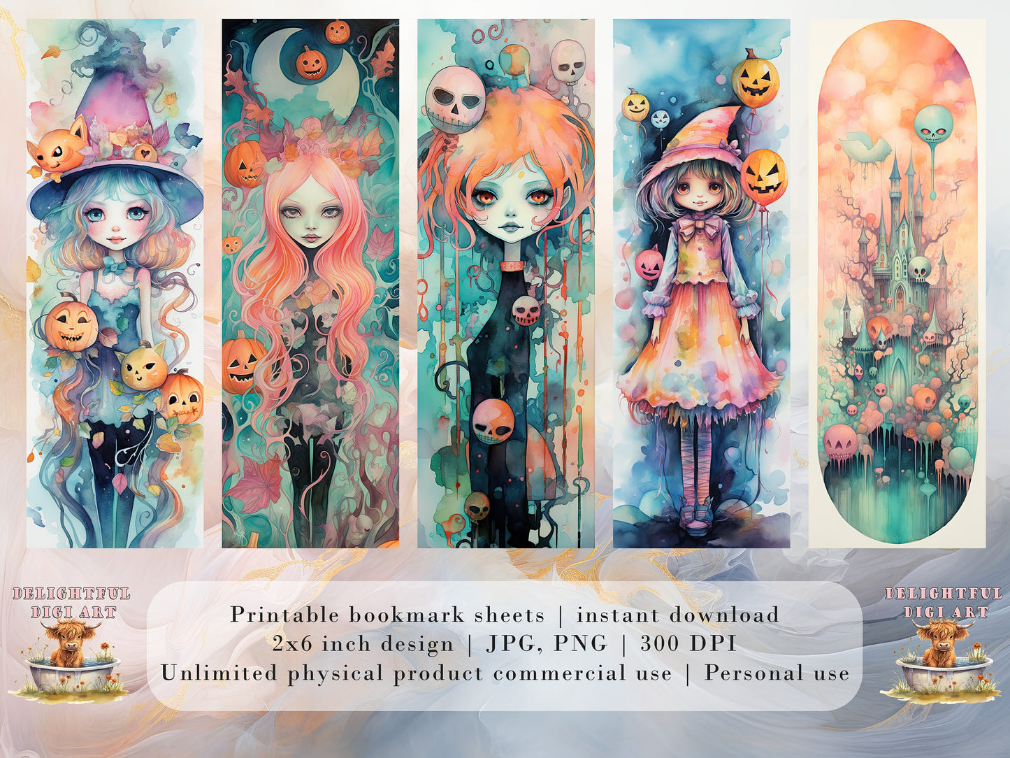 20 Cute Pastel Halloween Printable Bookmarks | Digital Download JPG Bookmark Set| PNG bookmark sublimation | Spooky bookmark set | Whimsical