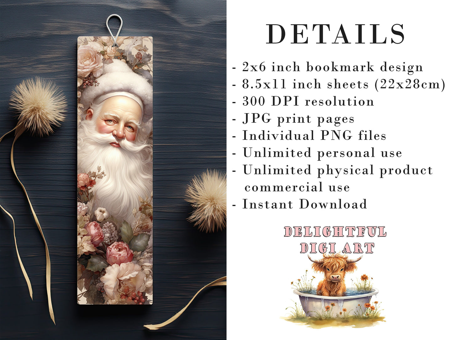 15 Floral Santa Printable Bookmarks | Digital Download JPG Bookmark Sheets| PNG bookmark sublimation| Bookmark set| Cheeky Xmas Graphics