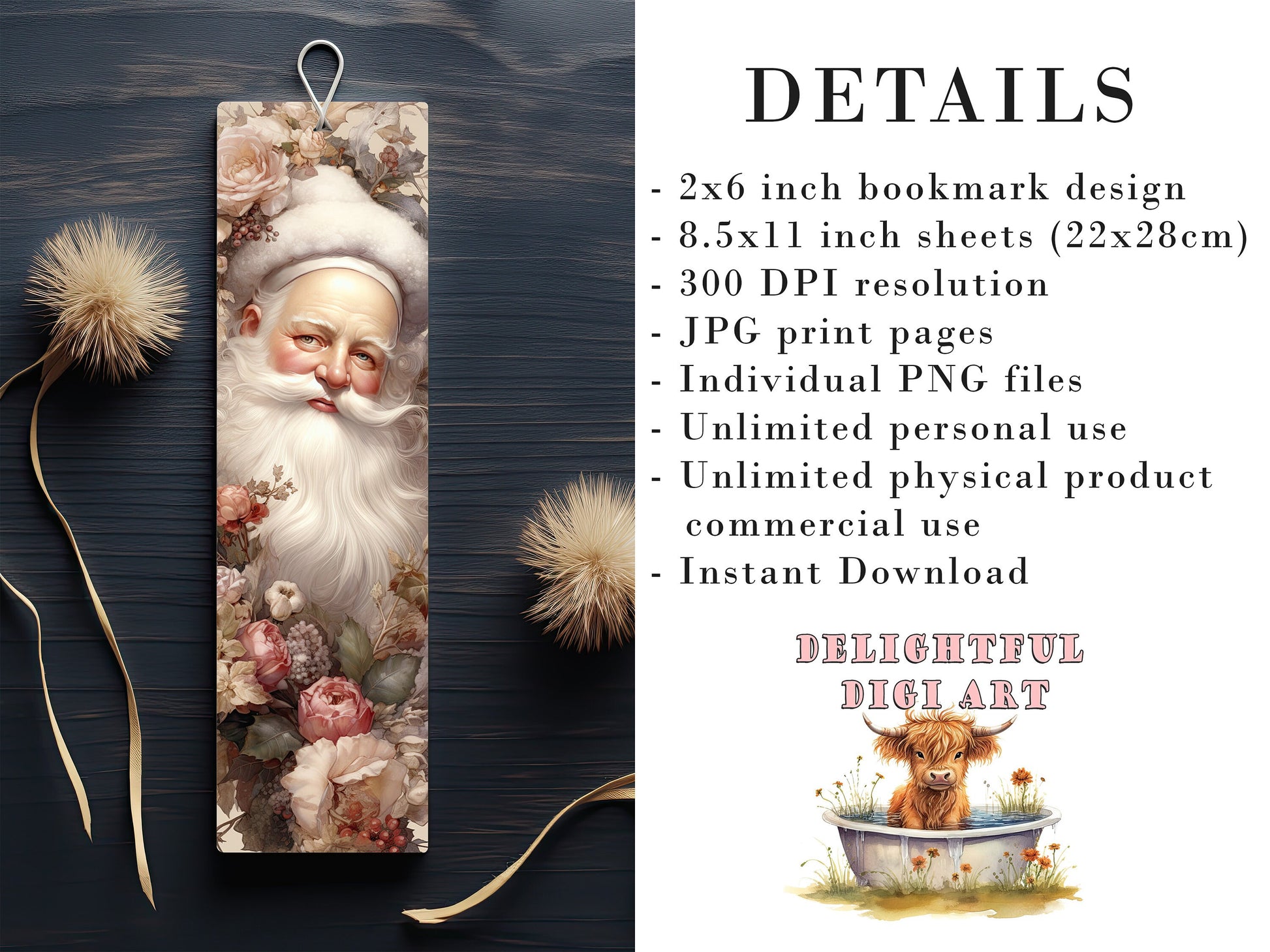 15 Floral Santa Printable Bookmarks | Digital Download JPG Bookmark Sheets| PNG bookmark sublimation| Bookmark set| Cheeky Xmas Graphics