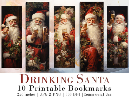 10 Drinking Santa Printable Bookmarks | Digital Download JPG Bookmark Sheets| PNG bookmark sublimation| Bookmark set| Cheeky Xmas Graphics