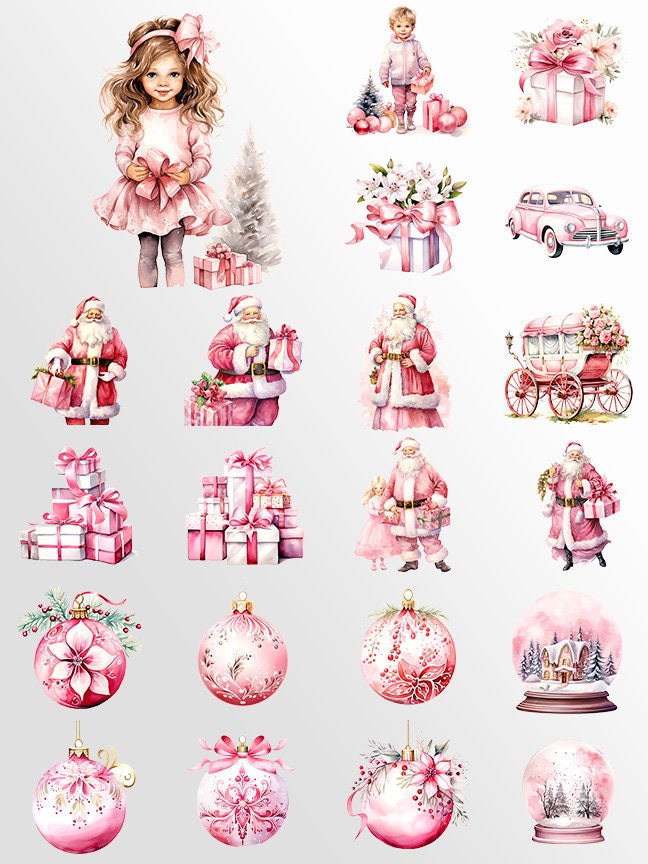 Pink Christmas Clipart: Watercolor X-mas for Crafts and Decor | PNG Bundle | Digital Download | Sublimation Designs| Cute Christmas Art