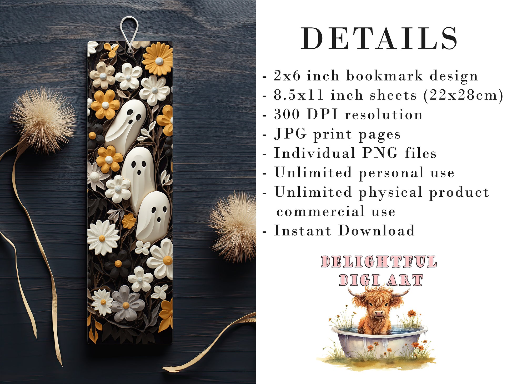 20 Ethereal Clay Ghosts and Flowers Printable Bookmarks| Halloween JPG Bookmark Set| PNG bookmark sublimation| Whimsical bookmark set