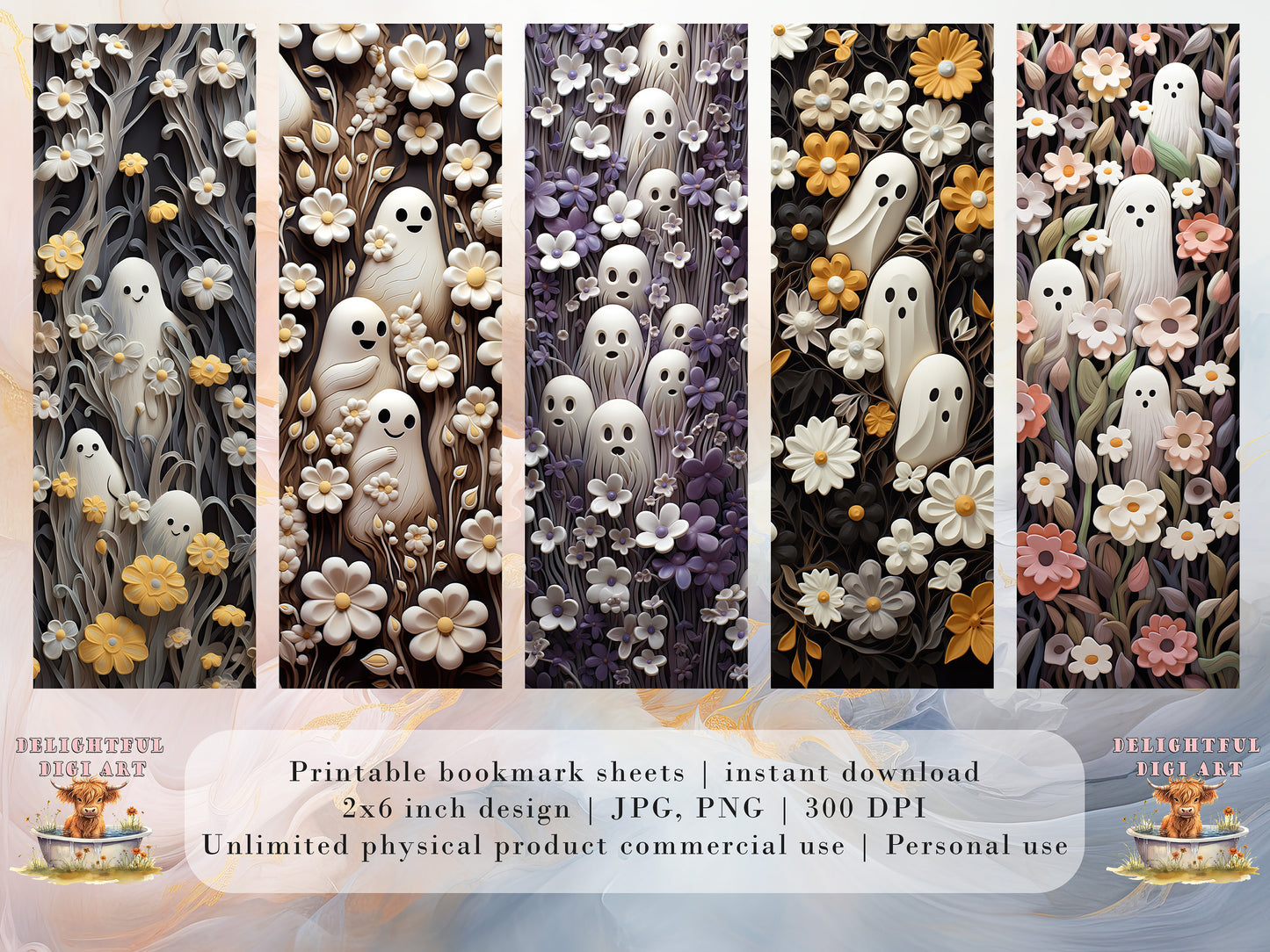 20 Ethereal Clay Ghosts and Flowers Printable Bookmarks| Halloween JPG Bookmark Set| PNG bookmark sublimation| Whimsical bookmark set