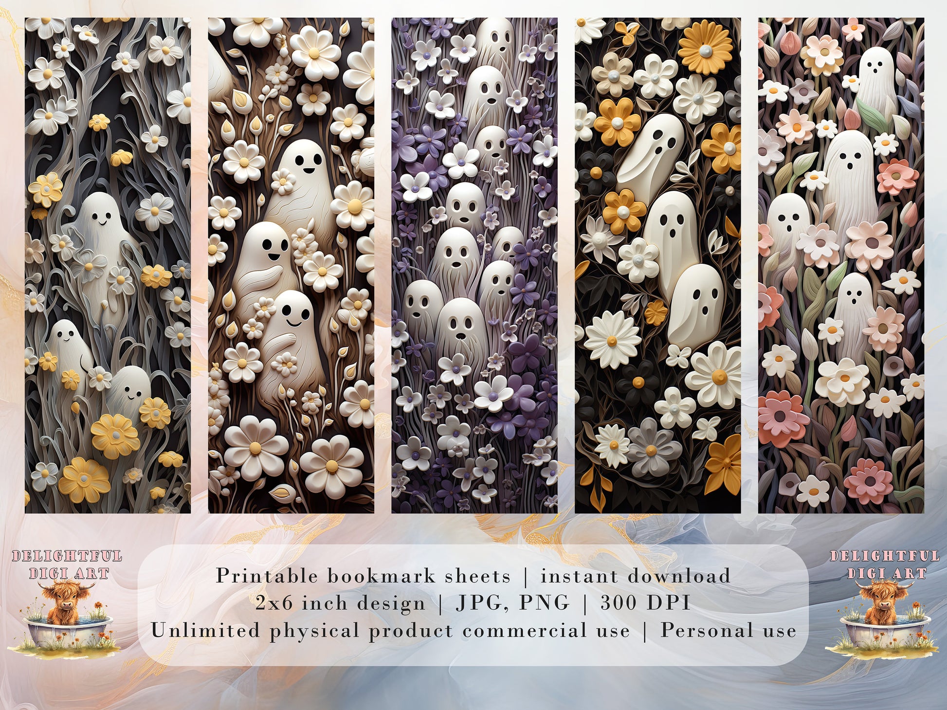 20 Ethereal Clay Ghosts and Flowers Printable Bookmarks| Halloween JPG Bookmark Set| PNG bookmark sublimation| Whimsical bookmark set