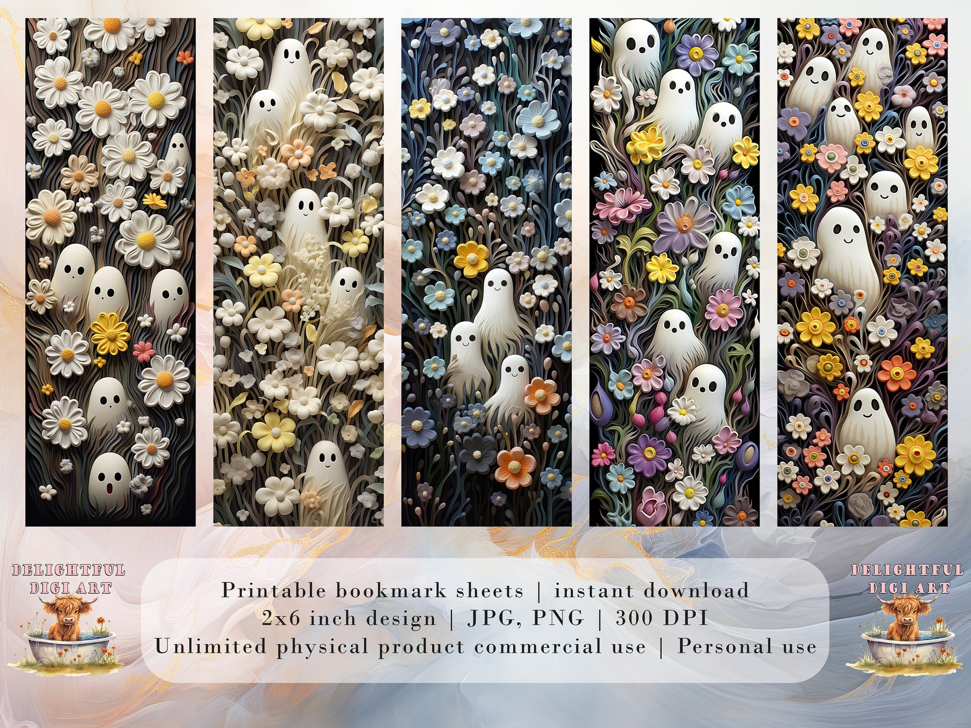 20 Ethereal Clay Ghosts and Flowers Printable Bookmarks| Halloween JPG Bookmark Set| PNG bookmark sublimation| Whimsical bookmark set