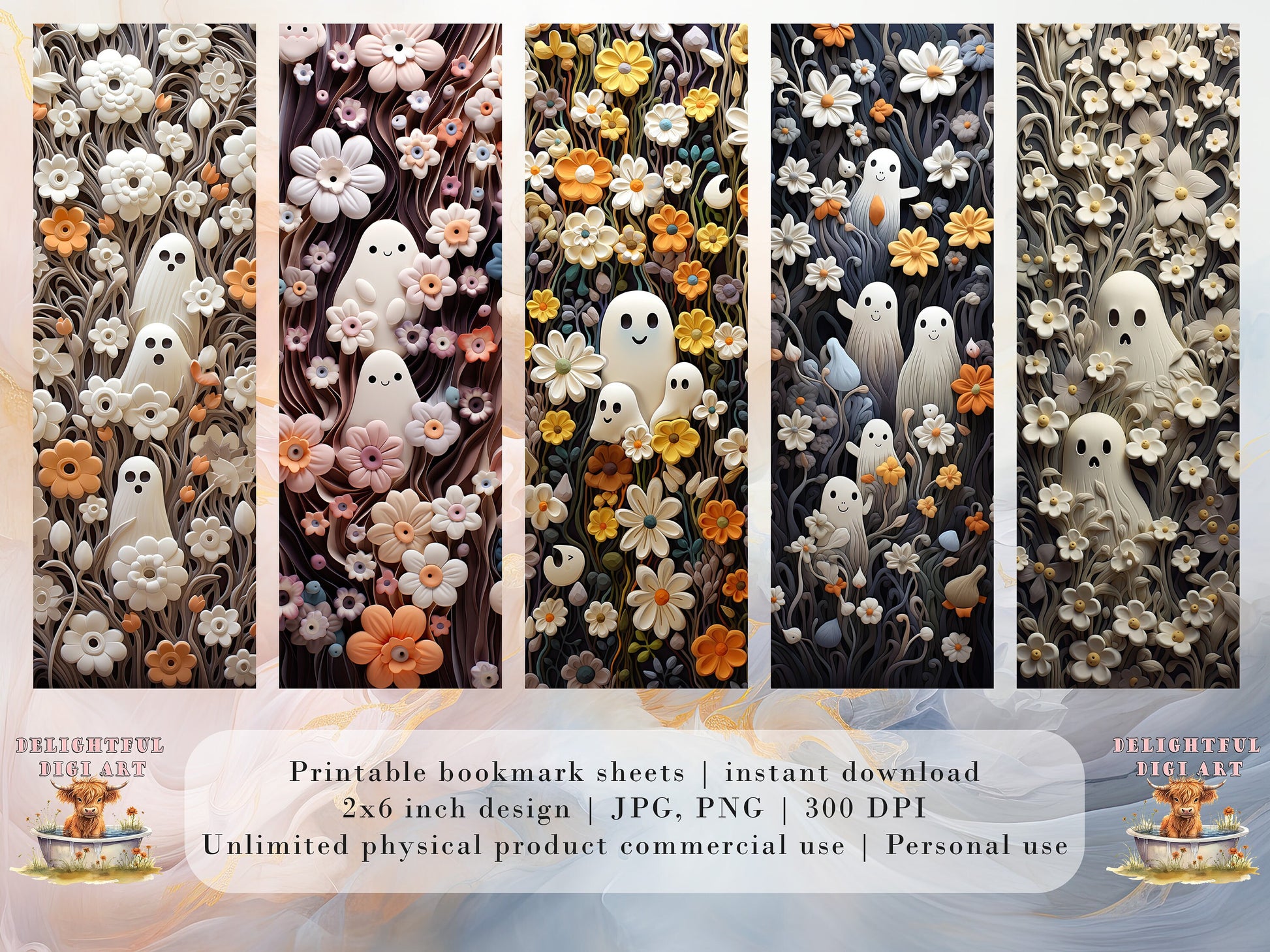 20 Ethereal Clay Ghosts and Flowers Printable Bookmarks| Halloween JPG Bookmark Set| PNG bookmark sublimation| Whimsical bookmark set