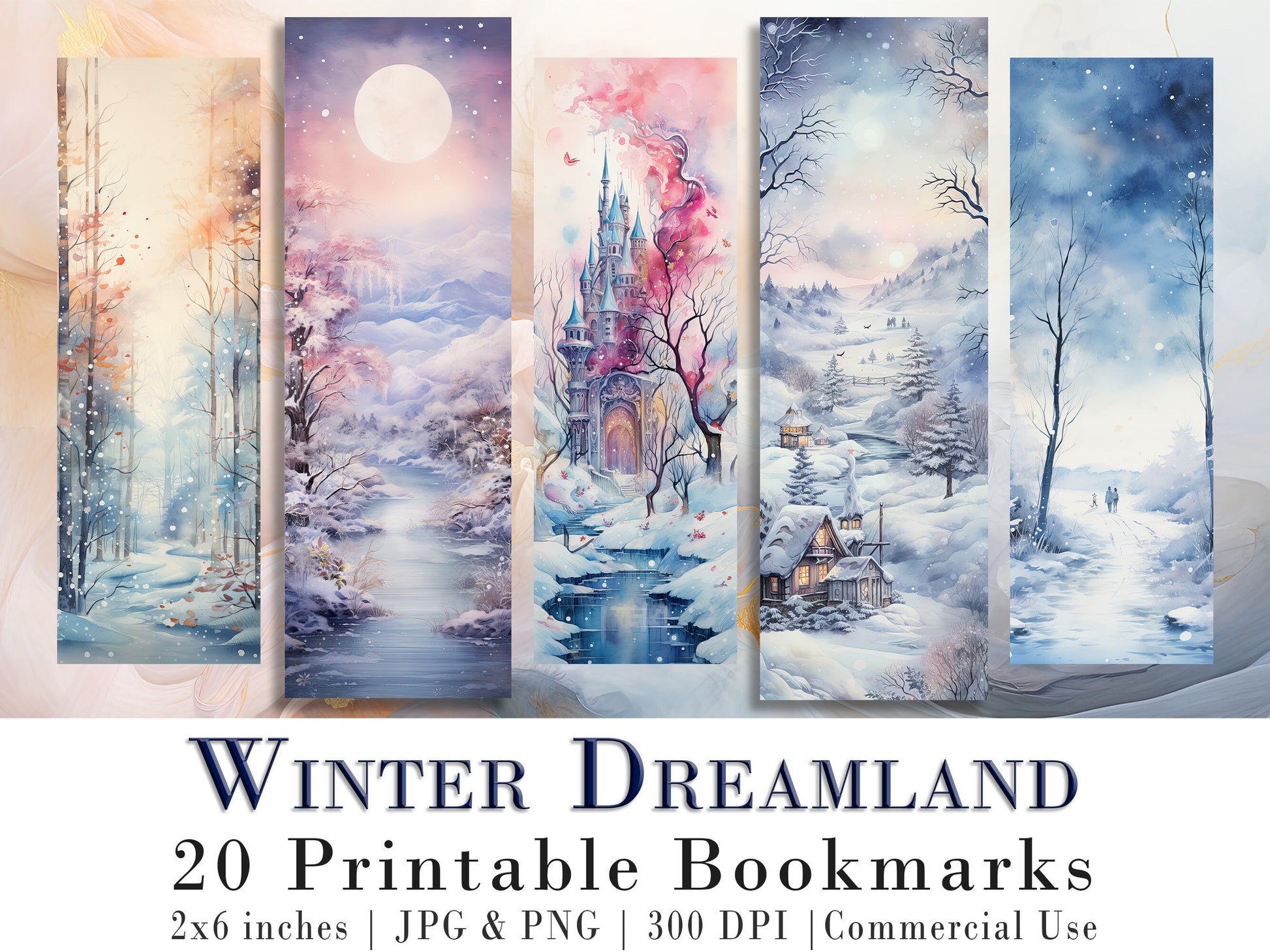 20 Winter Dreamland Printable Bookmarks| DIY Bookmark Sheets| PNG bookmark sublimation| Bookmark set| Watercolor Graphics| Print at Home