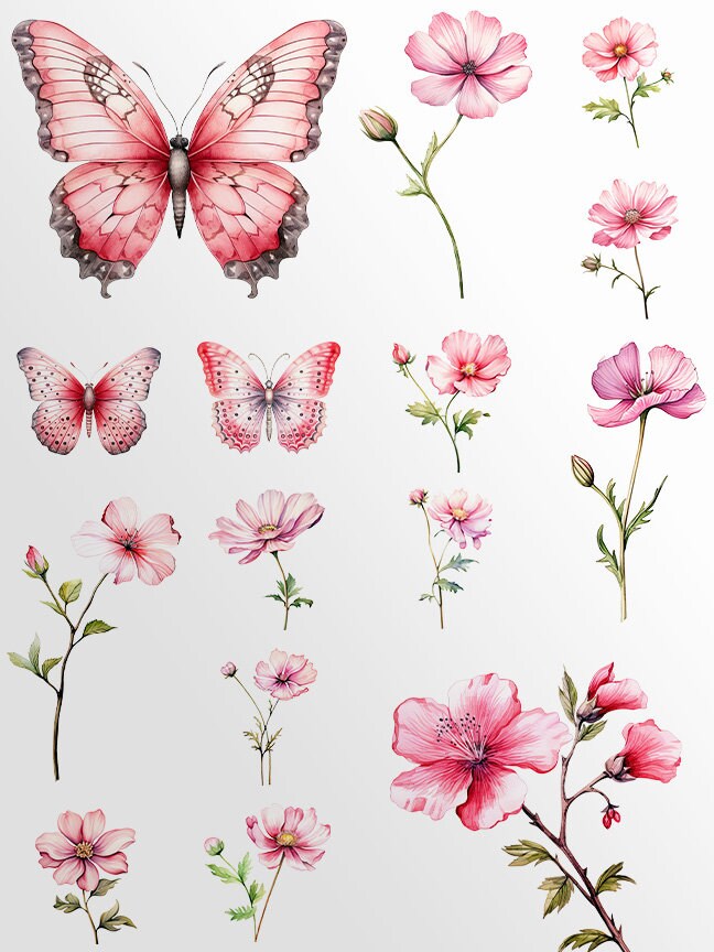 Pink Butterflies Clipart: Floral Art for Crafts and Decor| Watercolor PNG Bundle| Digital Download | Sublimation Designs| Printable Art