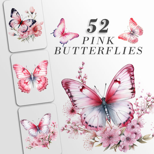 Pink Butterflies Clipart: Floral Art for Crafts and Decor| Watercolor PNG Bundle| Digital Download | Sublimation Designs| Printable Art