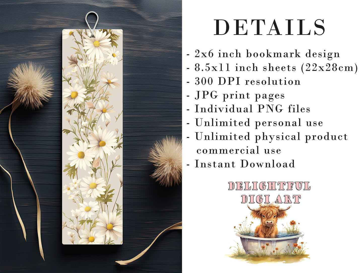 10 Cute Daisy Printable Bookmarks | Digital Download JPG Bookmark Set| PNG bookmark sublimation | Whimsical Dasies bookmark set | Fussy Cuts
