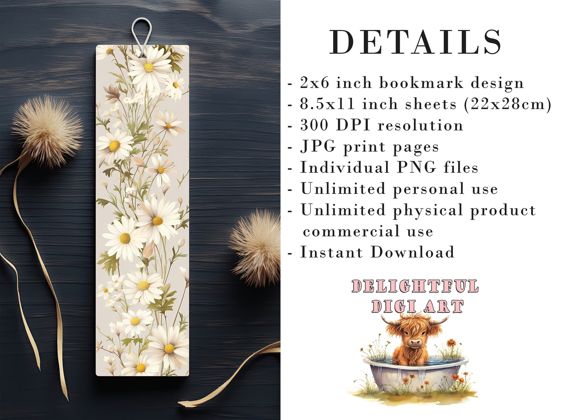 10 Cute Daisy Printable Bookmarks | Digital Download JPG Bookmark Set| PNG bookmark sublimation | Whimsical Dasies bookmark set | Fussy Cuts
