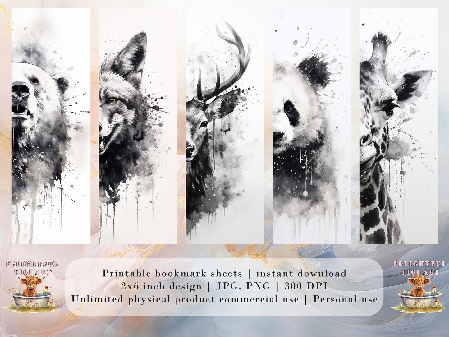10 Black and White Animal Printable Bookmarks | Digital Download JPG Bookmark Sheets | PNG bookmark sublimation | Animals bookmark set