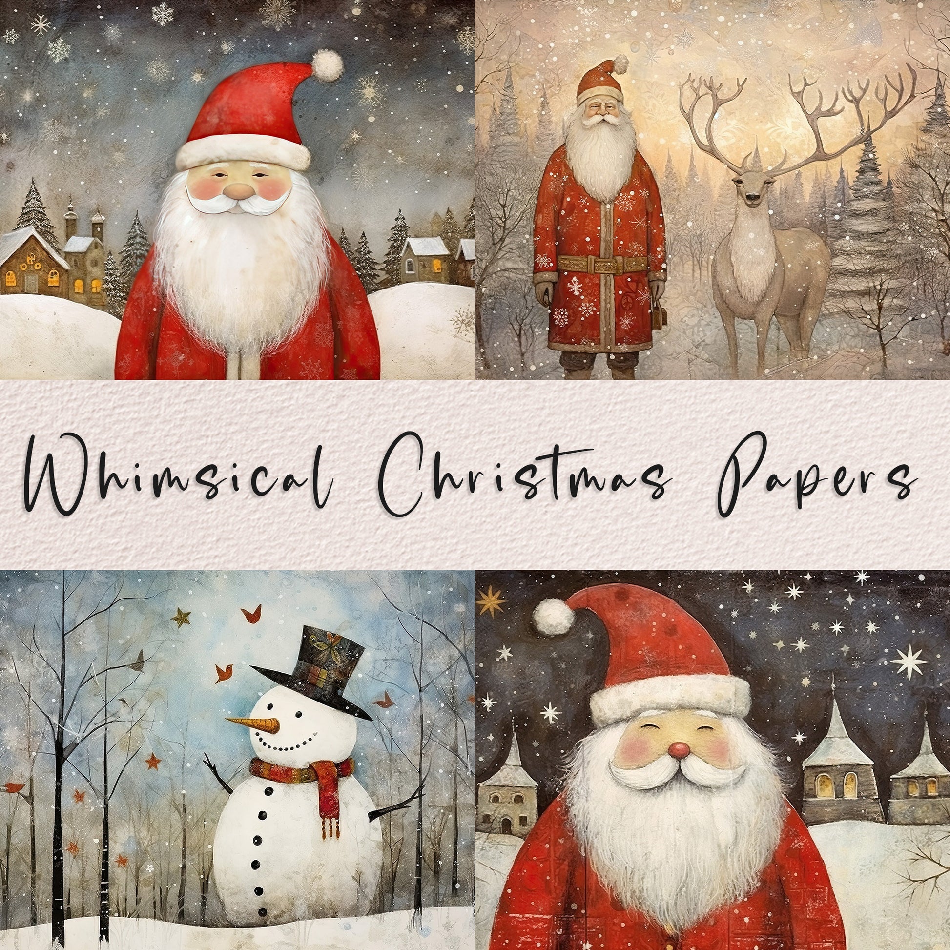 20 Whimsical Christmas Printable Art Pages| Digital Download JPG Paper Set| PNG sublimation| Whimsical Digital Paper | Retro Santa Claus