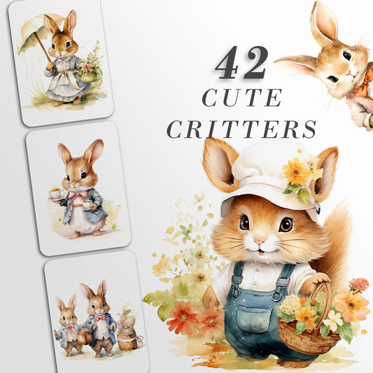 Cute Critters Clipart, Cute Bunnys PNG bundle, Baby Shower Art, Baby Animals, Animals in clothes SVG, Nursery clip Art, Watercolor drawings