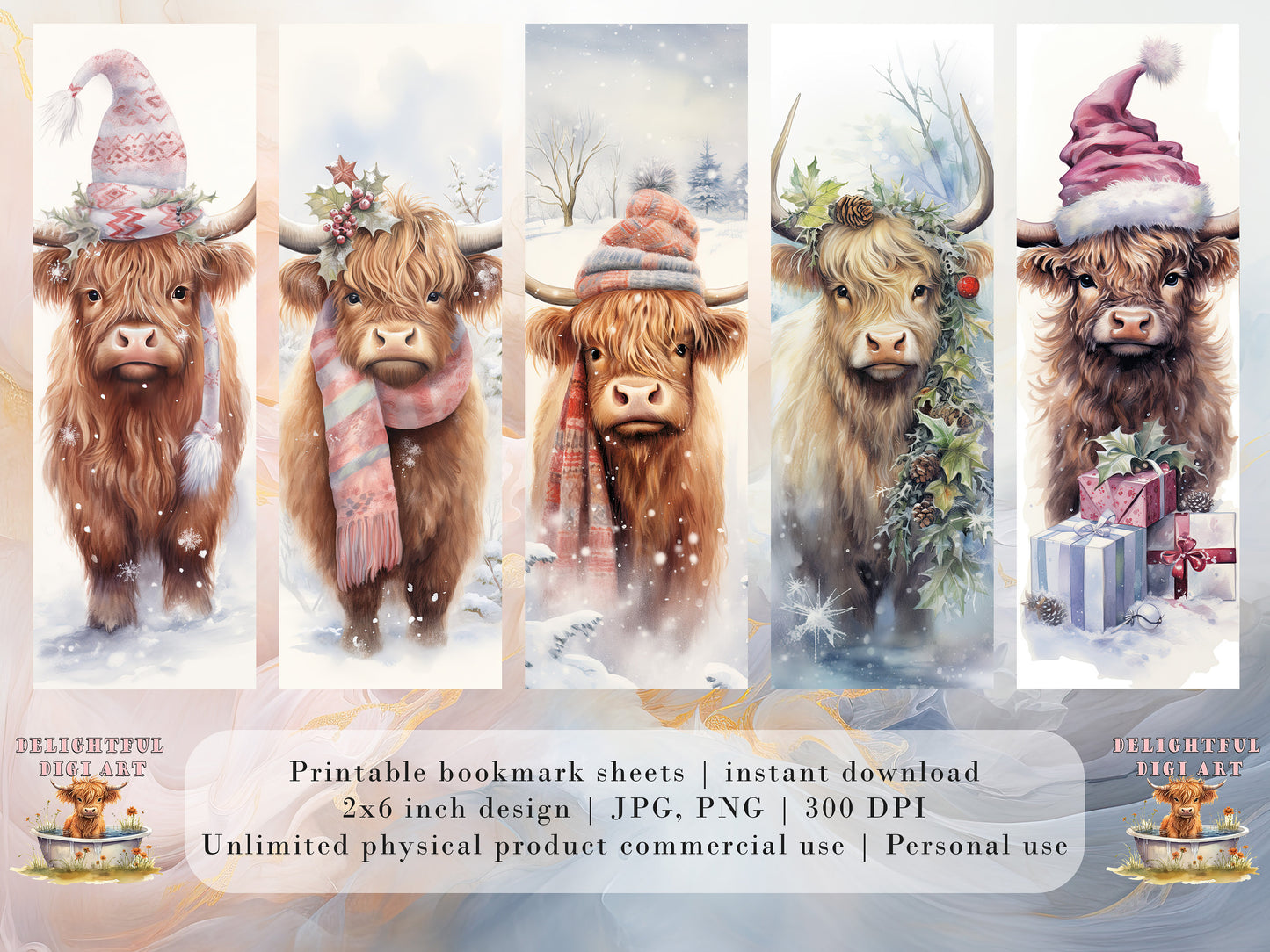 20 Christmas Highland Cow Printable Bookmarks | Digital Download JPG Bookmark Sheets | PNG bookmark sublimation | Calf bookmark set | Xmas