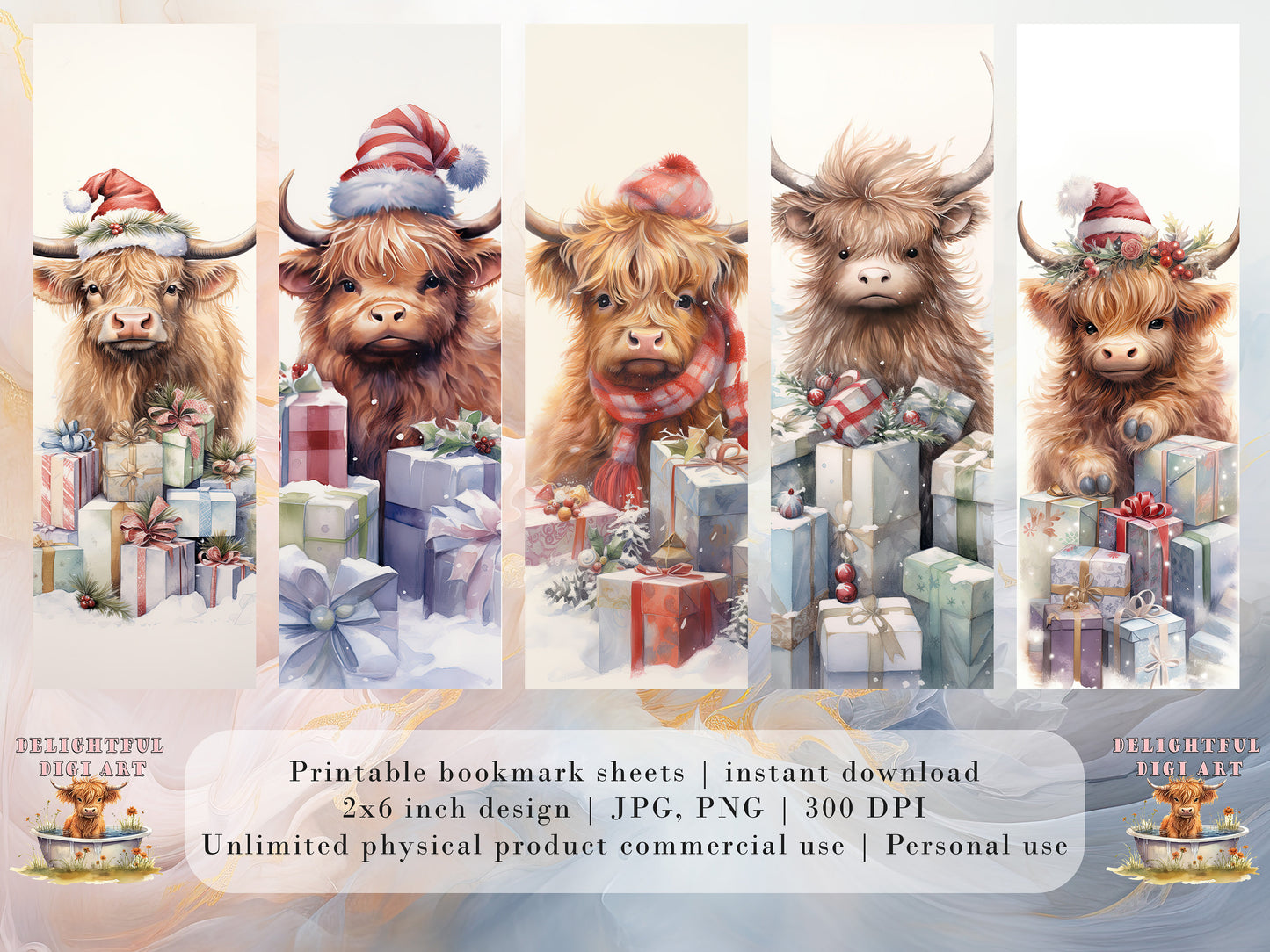 20 Christmas Highland Cow Printable Bookmarks | Digital Download JPG Bookmark Sheets | PNG bookmark sublimation | Calf bookmark set | Xmas