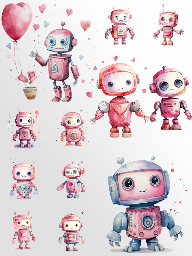 Cute Pink Robots Clipart: Watercolor Robots for Crafts and Decor | PNG Bundle | Digital Download| Sublimation files| Birthday Invitation