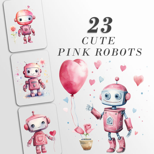 Cute Pink Robots Clipart: Watercolor Robots for Crafts and Decor | PNG Bundle | Digital Download| Sublimation files| Birthday Invitation