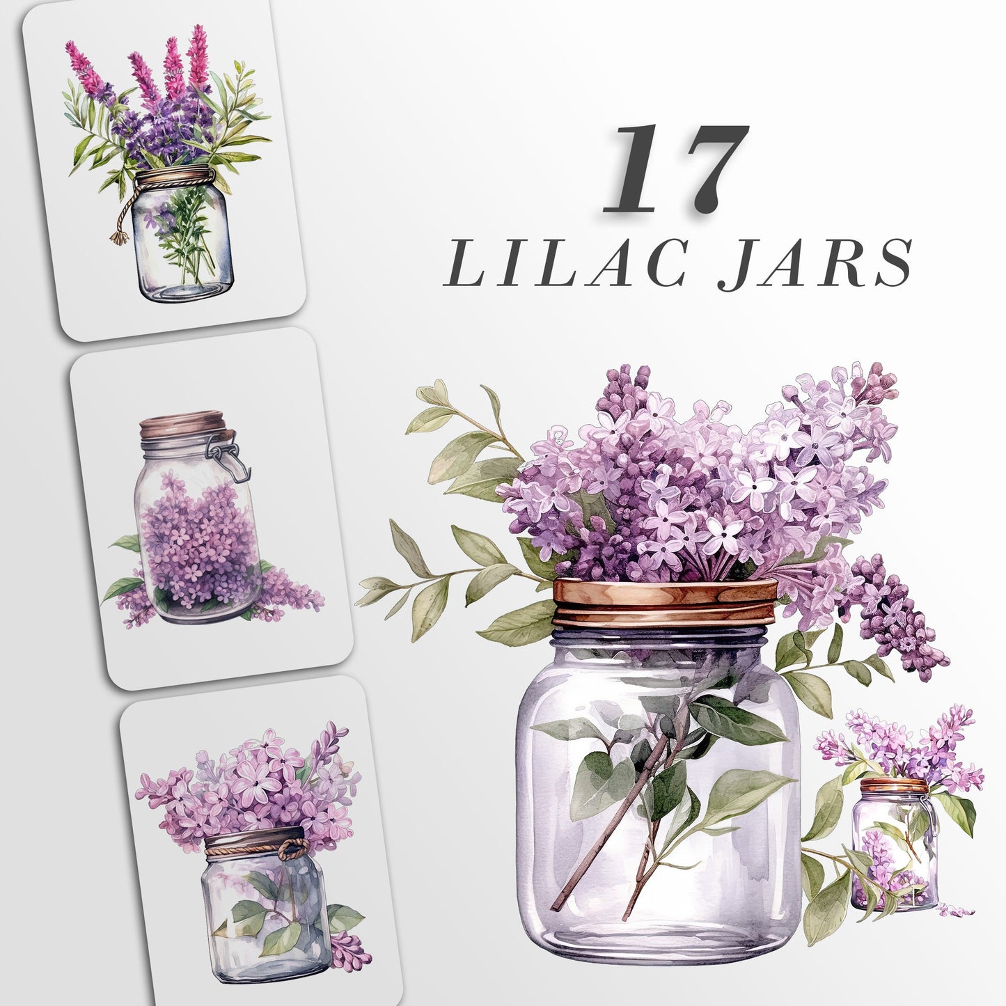 Lilac Floral Jars Clipart: Purple flowers in vases PNG Bundle | Watercolor Floral Bouquets | Elements Commercial Use | Digital Crafting