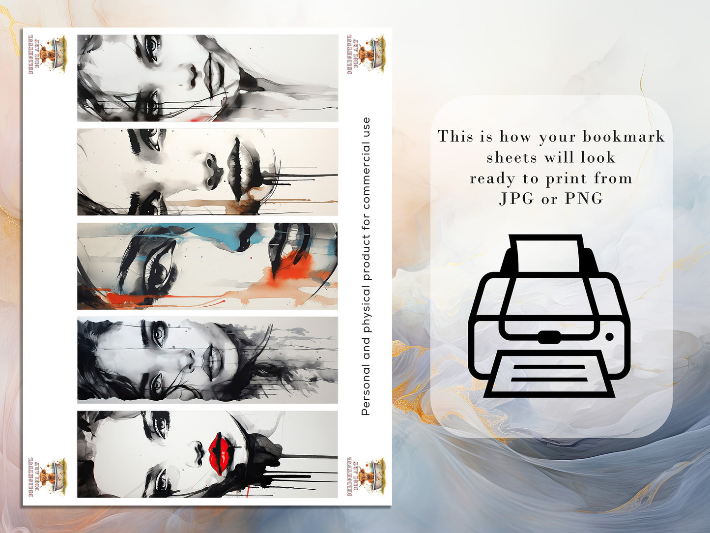 15 Ink Wash Faces Printable Bookmarks | Digital Download JPG Bookmark Set| PNG bookmark sublimation | Women's Faces bookmark set| Fussy Cuts