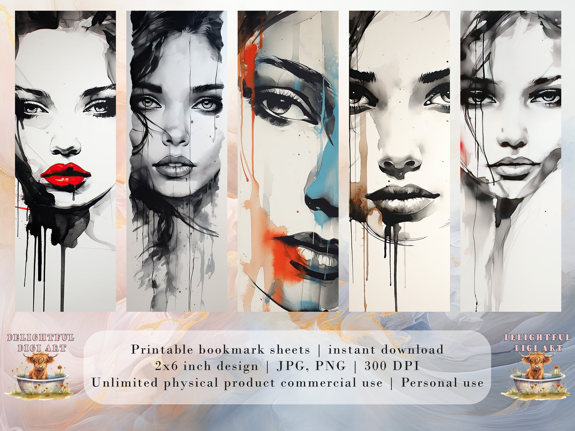 15 Ink Wash Faces Printable Bookmarks | Digital Download JPG Bookmark Set| PNG bookmark sublimation | Women's Faces bookmark set| Fussy Cuts