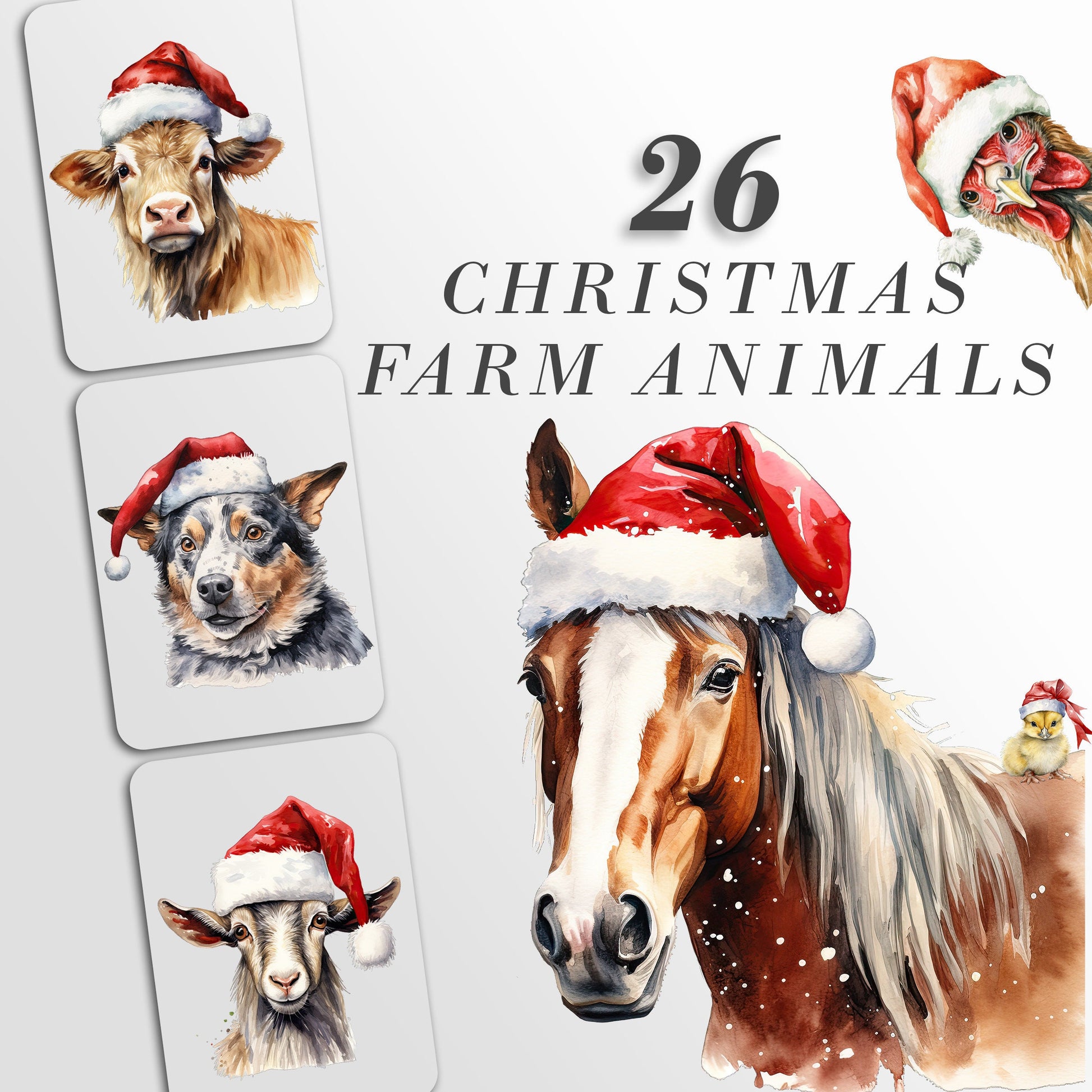 Watercolor Christmas Farm Animals Clipart: Animal Art for Christmas Crafts and Decor | PNG Bundle | Cow Duck Pig Chicken Dog Goat Duck Deer