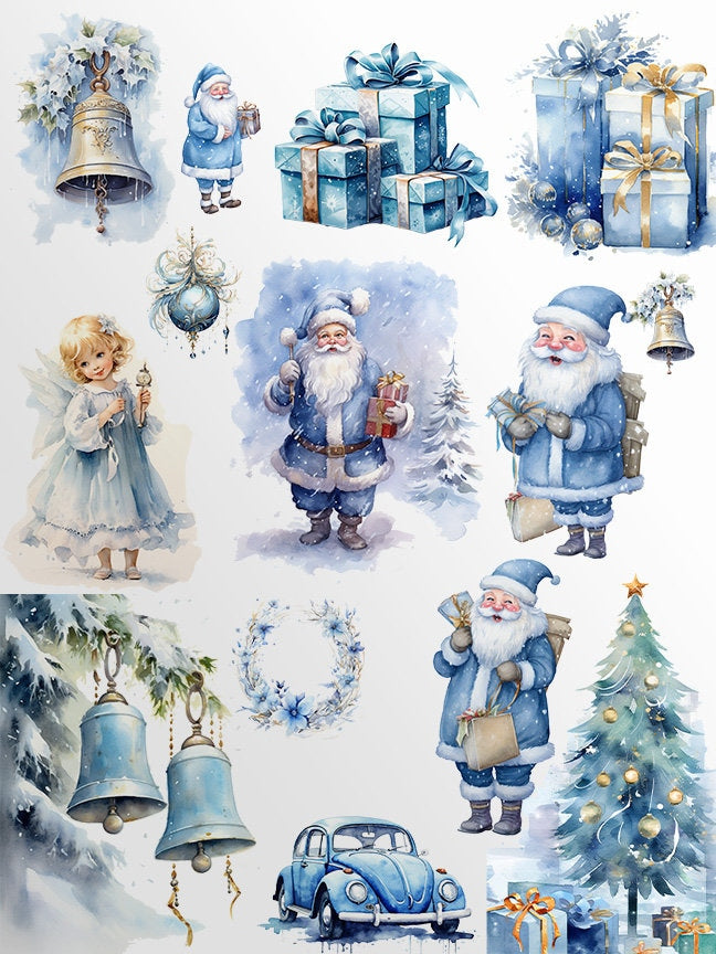 Blue Watercolor Christmas Clipart Bundle, Cozy Christmas Clipart, Boho Christmas PNG, Ornaments Clipart, Christmas Wreath, Xmas Bells