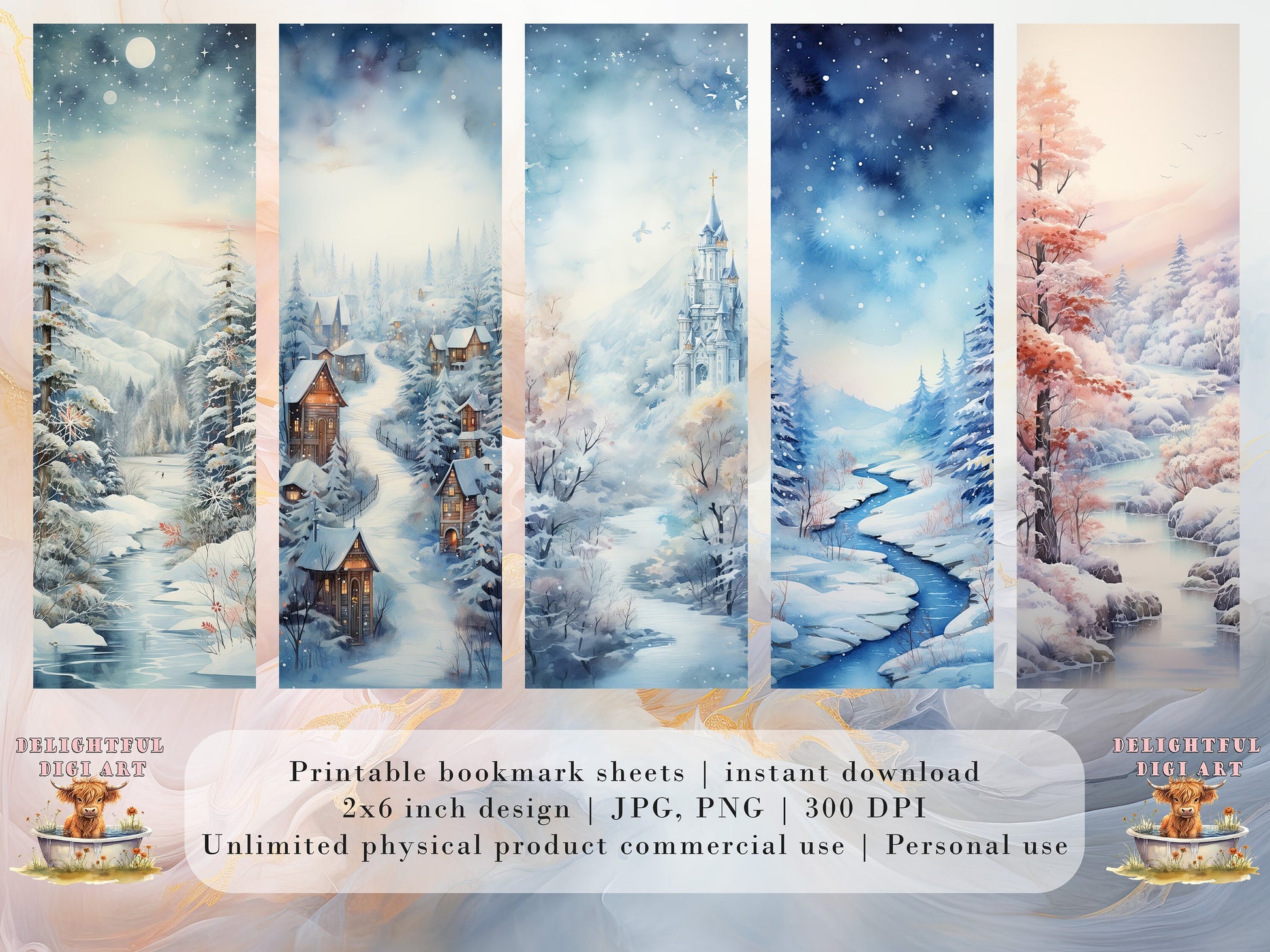 20 Winter Dreamland Printable Bookmarks| DIY Bookmark Sheets| PNG bookmark sublimation| Bookmark set| Watercolor Graphics| Print at Home