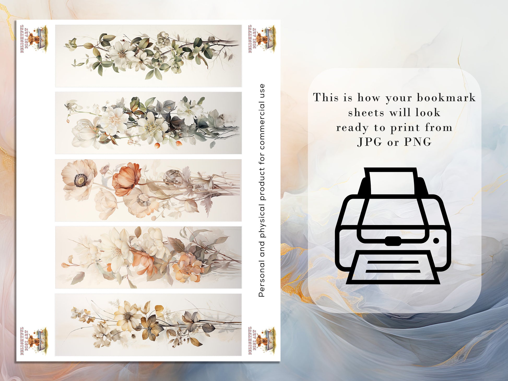 20 Botanical Watercolor Printable Bookmarks | Digital Download JPG Bookmark Set | PNG bookmark | Neutral floral sublimation bookmark set