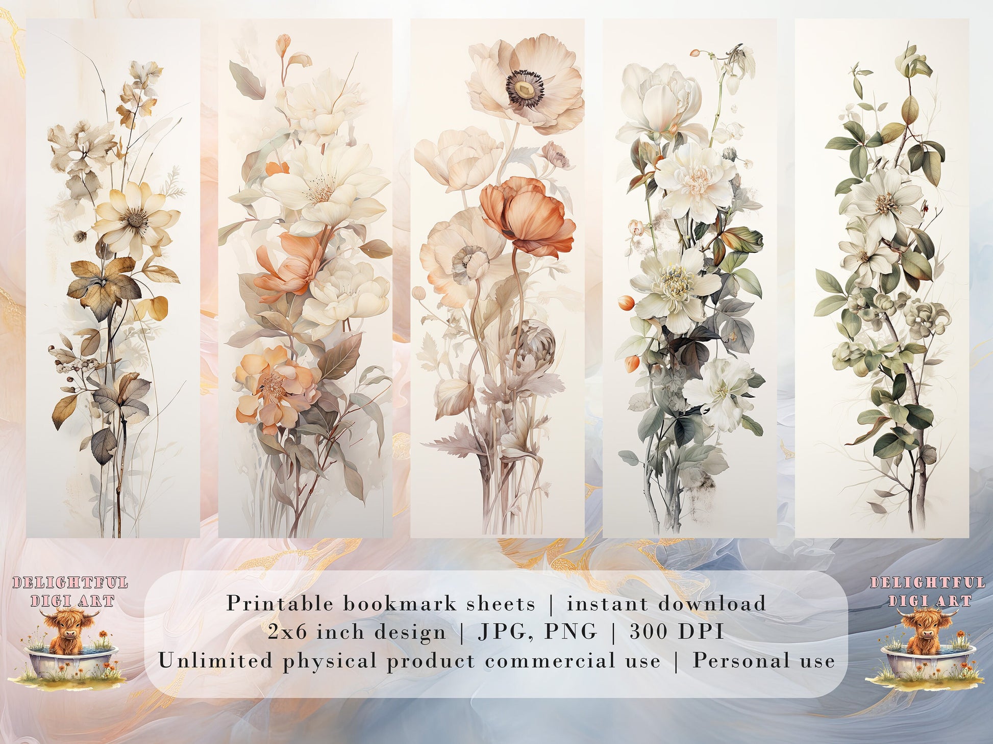 20 Botanical Watercolor Printable Bookmarks | Digital Download JPG Bookmark Set | PNG bookmark | Neutral floral sublimation bookmark set