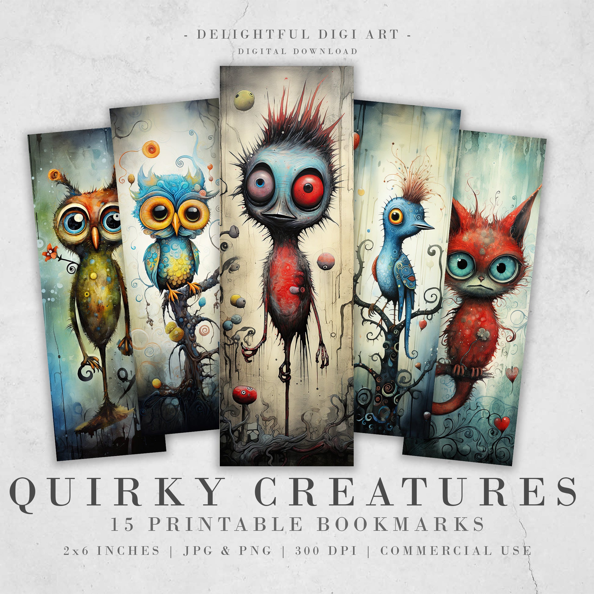 15 Quirky Creatures Printable Bookmarks | Digital Download JPG Bookmark Set| PNG bookmark sublimation | Whimsical bookmark set| Fussy Cuts