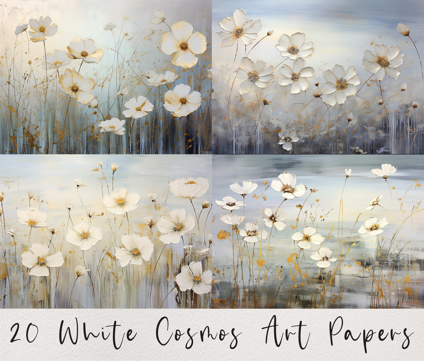 20 White Cosmos Printable Art Pages| Digital Download JPG Paper Set| PNG sublimation| Floral Digital Paper | Oil Painting Crafting and Decor