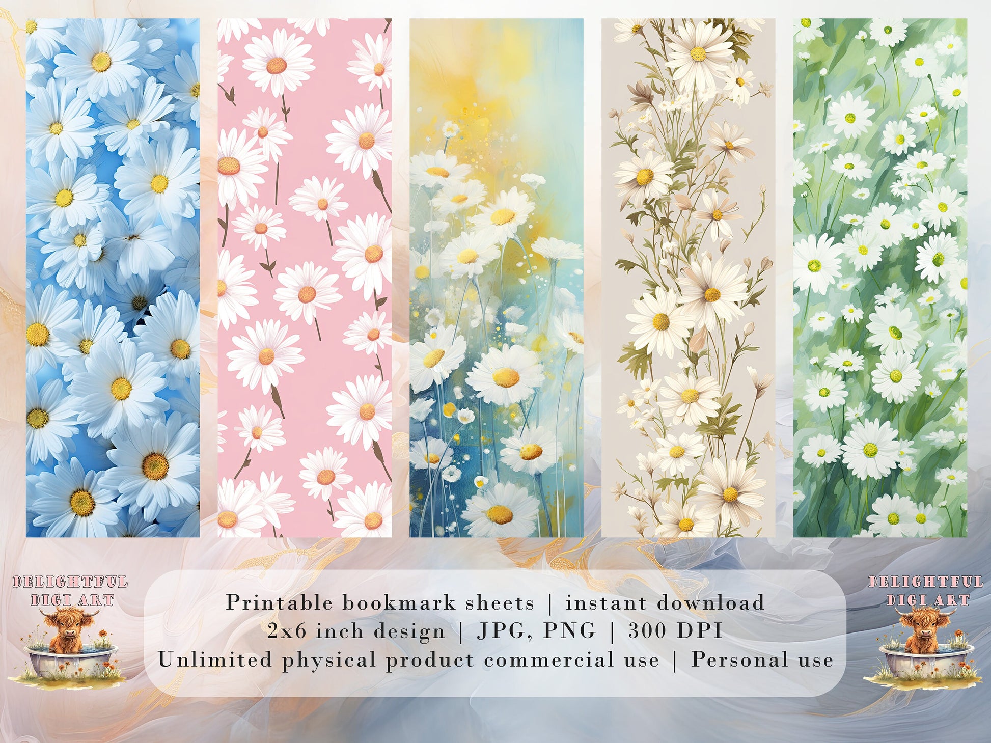 10 Cute Daisy Printable Bookmarks | Digital Download JPG Bookmark Set| PNG bookmark sublimation | Whimsical Dasies bookmark set | Fussy Cuts
