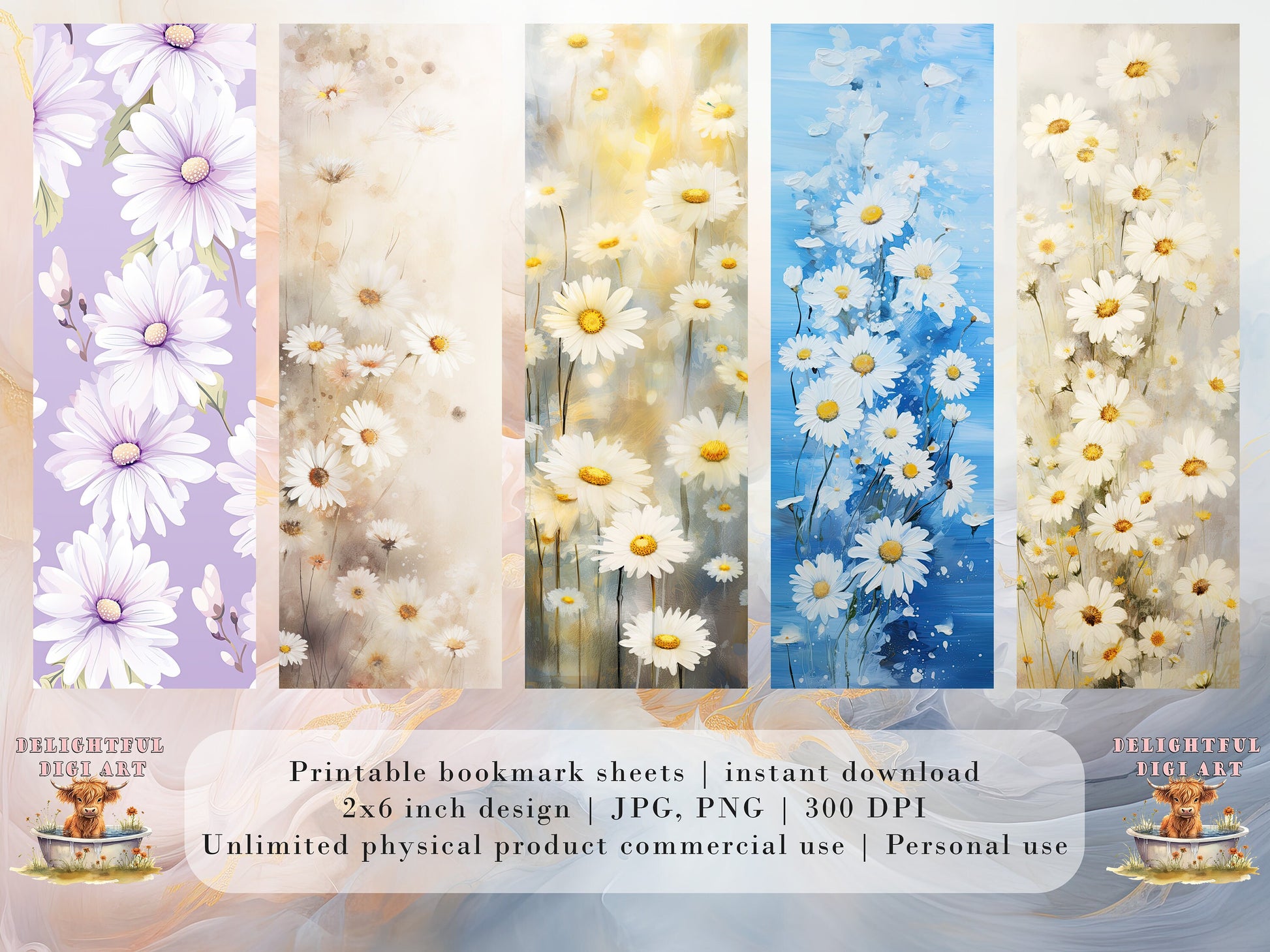 10 Cute Daisy Printable Bookmarks | Digital Download JPG Bookmark Set| PNG bookmark sublimation | Whimsical Dasies bookmark set | Fussy Cuts