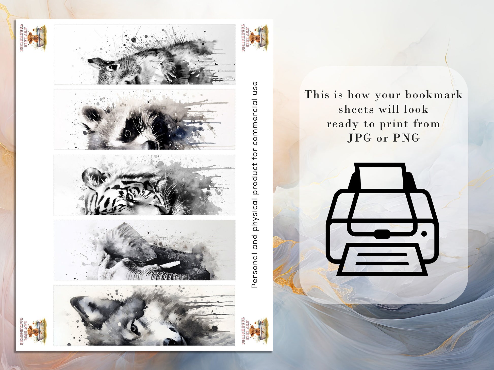 10 Black and White Animal Printable Bookmarks | Digital Download JPG Bookmark Sheets | PNG bookmark sublimation | Animals bookmark set