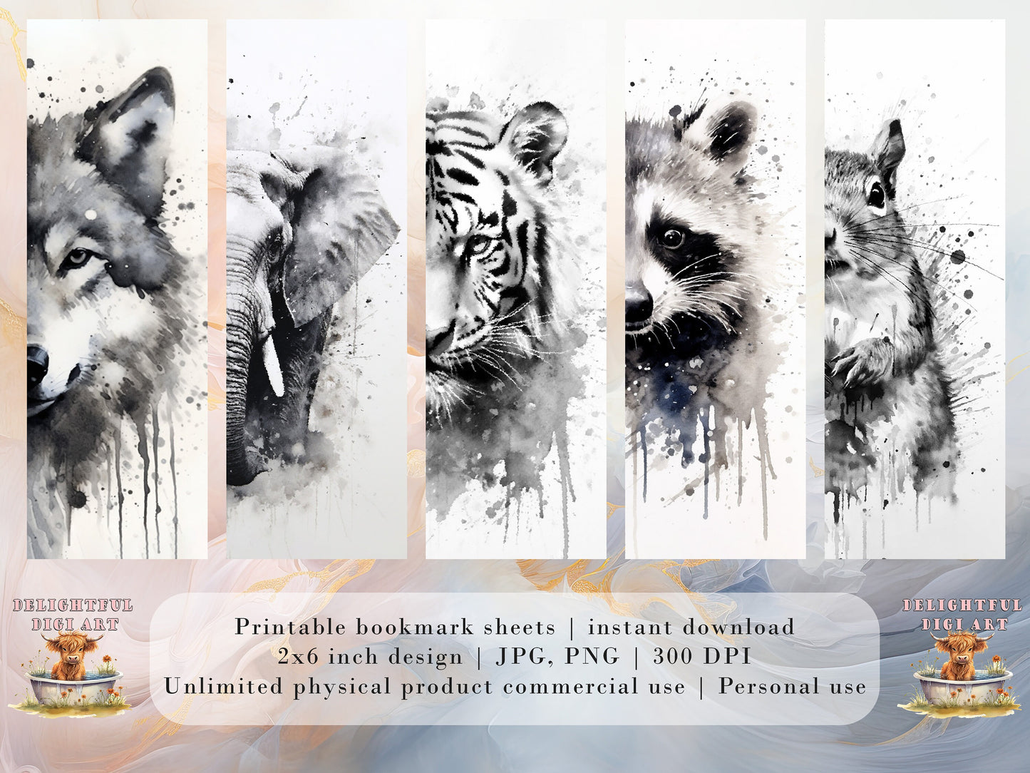 10 Black and White Animal Printable Bookmarks | Digital Download JPG Bookmark Sheets | PNG bookmark sublimation | Animals bookmark set