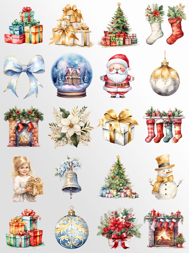 Cute Christmas Clipart: Christmas Crafts and Decor | PNG Bundle | Digital Download | Sublimation files | Watercolor X-mas Pack| Junk Journal