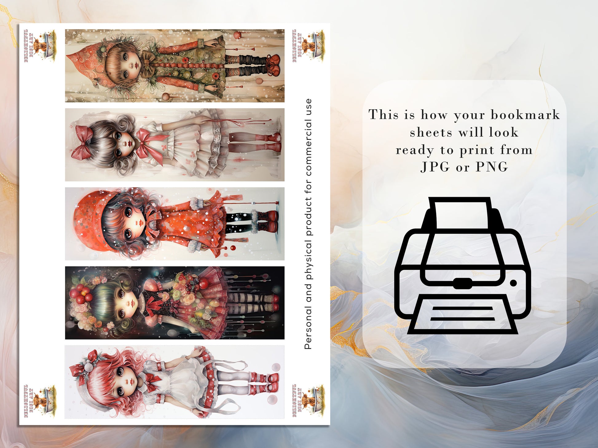 2O Christmas Chibi Girls Watercolor Printable Bookmarks | Digital Download JPG Bookmark Set | PNG bookmark | Big Eyes sublimation bookmarks